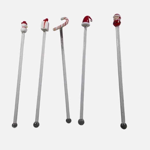 Set Of 5 Christmas Glass Swizzle Sticks With Santa Snowman Candy Cane stirrers - Picture 1 of 7